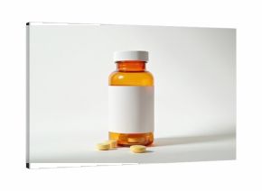 Amber plastic bottle with white cap and blank label. Contains yellow pills. Several tablets rest on clean white background, isolated for medical or health care product branding.