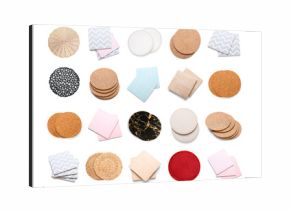 Set of many different drink coasters on white background