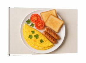 Bird's-eye view of a morning meal with an omelet, sausage links, and toasted bread