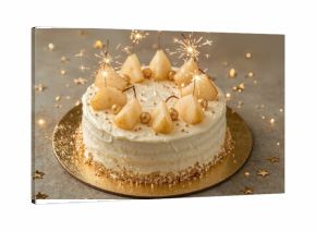 Vanilla cream-topped pear cake on a shimmering base, garnished with golden pear slices, sparkling drops, and star-shaped sprinkles, featuring lit sparklers.