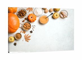 Autumn fall baking background with pumpkins and ingredients