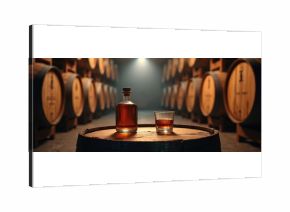 Full liquor bottle sits on wooden barrel next to glass with amber spirit. Warm inviting mood enhances aged whiskey, cognac, or bourbon in distillery cellar with rows of oak aging barrels.