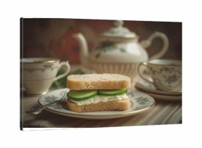 English tea sandwiches with cream cheese, dill, and cucumber, with selective focus and toning
