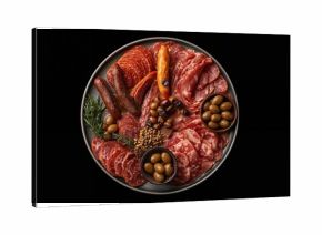 Variety of cured meats with olives on dark surface, aerial perspective, space for text.