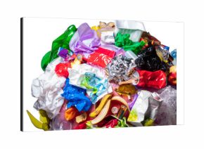 Close up of garbage pile with colorful plastic and food waste. Concept of pollution recycling overconsumption and environmental sustainability issues. Transparent background