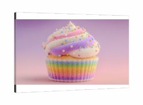 A cupcake with rainbow sprinkles on top. The sprinkles are in different colors and are scattered all over the cupcake