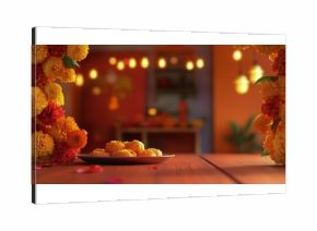 Laddu Dessert on Plate With Floral Garland Decorations for Diwali Celebration.