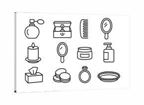 Dressing Table Icons. Outline icon set of dressing table items: perfume bottle, jewelry box, comb, hairbrush, candle, hand mirror,