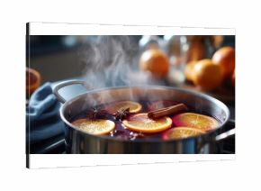 Warm drink simmering with spices and citrus on a cozy kitchen stove in a chilly evening