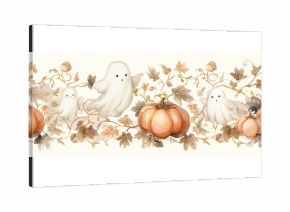 Watercolor Halloween Border with Ghosts, Pumpkins, Acorns, and Gold Vines