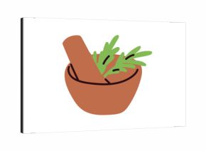 Mortar and pestle with rosemary herb. Grinding herbal spice, seasoning with pistil. Natural aromatic condiment, flavoring, cooking ingredient. Flat vector illustration isolated on white background