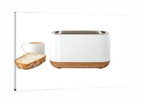 Modern toaster with a slice of bread and cup on a white background, perfect for kitchen or breakfast settings.