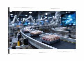 Automated conveyor belt carrying rows of plastic boxes with meat portions through a refrigerated production line, robotic arms sorting containers, futuristic industrial atmosphere