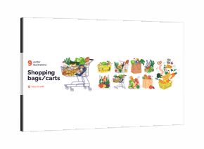 Shopping carts, paper bags, plastic and metal baskets from grocery store. Trolleys full of food products, purchases, vegetables, bread, fruits. Flat vector illustrations isolated on white background