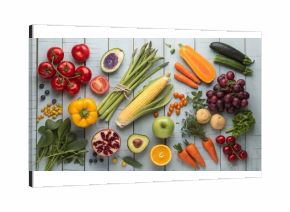 Colorful assortment of fresh fruits and vegetables including oranges, tomatoes, peppers, bananas, broccoli, and carrots arranged in a vibrant display. 