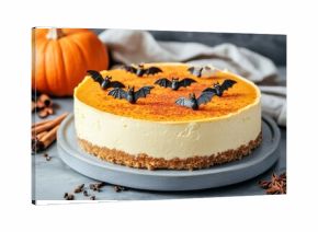 Delicious pumpkin cheesecake decorated with bats for halloween party