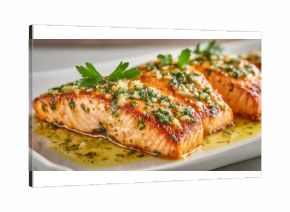 Delicious salmon fillets served with garlic and herbs on a white plate in a bright kitchen setting