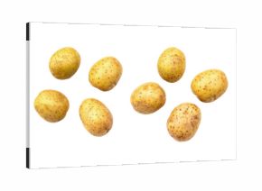 Eight raw potatoes falling on transparent background