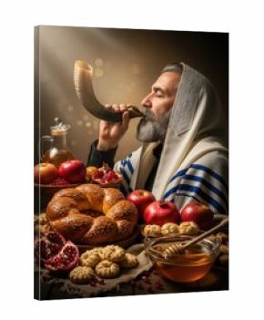 Bearded man blowing curved shofar horn for Jewish New Year Rosh Hashanah. Traditional festive table with round challah, red apples, sweet honey, pomegranates for holiday blessings.