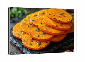 Close up of vibrant roasted pumpkin slices seasoned with fresh herbs and black pepper presented on a dark slate