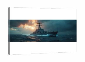 Naval destroyer cruises rough sea under dramatic stormy skies and golden glowing clouds. Powerful warship patrols ocean waves. Military vessel sails tough weather. Aggressive naval defense mission.