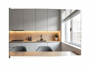 Modern kitchen interior with gray cabinets, warm wood accents. Features sleek black sink, induction stovetop, ambient LED lighting. Large window provides natural light, creating bright, minimalist