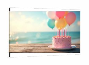 Festive birthday cake with lit candles sits on wooden table near ocean. Colorful balloons float nearby. Sweet dessert treat, perfect for beach party, summer celebration, happy holiday.