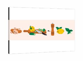 Brown mushrooms, cutting board with seasonal vegetables, pepper grinder, lemon, mint leaves. Delicious vegetarian food concept. Hand drawn modern Vector illustration. Isolated design elements