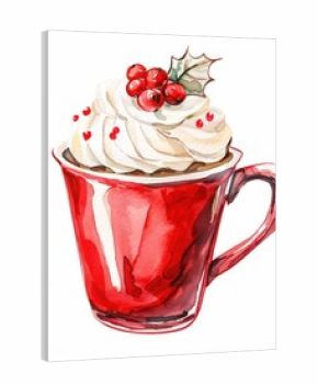 An isolated hot chocolate in a red cup with whipping cream with red Christmas berry on top illustration watercolor background.