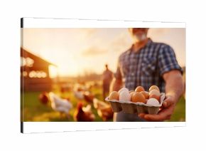 Fresh farm eggs in carton box held by farmer. Backyard chickens, organic egg production, natural poultry farming