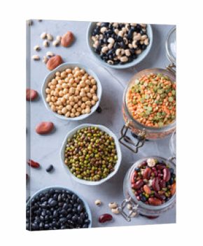 Variety of legumes, lentils, beans, plant based vegan protein source
