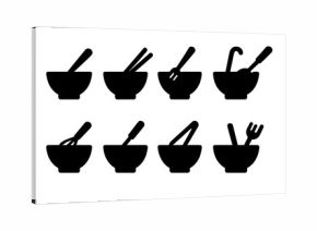 Bowl and Utensils Icons. Solid, filled icon set of bowl with utensils: bowl with spoon, bowl with chopsticks, bowl with fork, bowl with ladle, bowl with whisk,