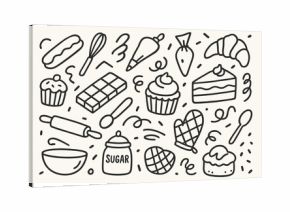 Pastry Doodle Icons. Hand-drawn doodle illustration Pastry creativity, macaron, eclair, croissant, cupcake, cake slice, chocolate bar, whisk, rolling pin,