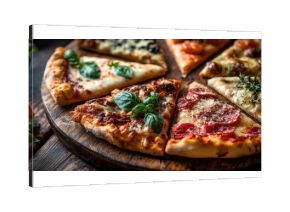 Enjoy a close-up view of various pizza slices showcasing different toppings and melted cheese. The fresh basil leaves add a delightful touch to this appetizing spread
