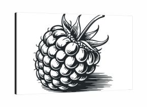 Black and White Single Raspberry with Leaves. Vector hand drawn illustration