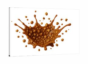 Caramel dessert sauce liquid splash with toffee crunch candy pieces exploding, transparent background