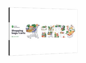 Food products in shopping bags, carts, supermarket trolleys, baskets set. Goods, purchases from grocery store. Vegetables, bread in packaging. Flat vector illustrations isolated on white background