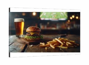 Delicious cheeseburger and crispy fries set on a wooden table near a sports bar backdrop showing a football game