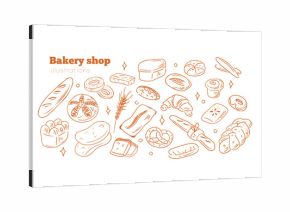 Hand drawn bakery and pastry set. Vector collections of bread, buns, croissant and other types of baked food. Sketch doodle style ink illustration. 
