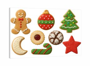 Christmas holiday cookies set, various festive gingerbread shapes and decorated biscuits celebrating the winter season