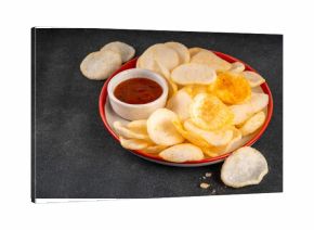 Crispy airy rice shrimp chips. Fragrant prawn crackers with sauce