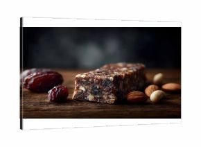 A wholesome energy bar crafted from dates and almonds sits on a rustic wooden table showcasing natural ingredients