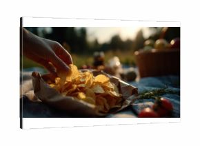 Hand reaching into bag of golden potato chips on picnic blanket with fresh vegetables and basket in background, outdoor summer snack scene in warm sunlight