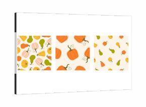 Set Seamless patterns with hand drawn pumpkins on a beige background. Autumn texture for thanksgiving, harvest and halloween. Season palette. Vector Illustration