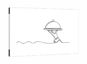 Hand holding food cloche serving platter one line drawing
