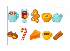 Winter beverages and treats icon set: cozy icons in a filled style for holiday joy