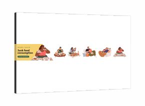 Hungry plump people eating fast food set. Fat men, women, chubby characters with unhealthy fatty snacks. Overeating, gluttony concept. Flat graphic vector illustrations isolated on white background