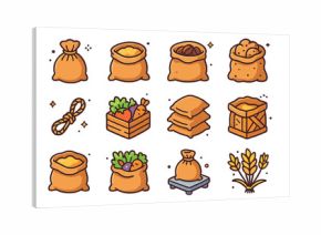Colorful Burlap Sack Icons. Burlap sack. Colorful isometric vector icons set of burlap sack: tied burlap sack, grain bag, coffee bean sack, potato sack, wheat