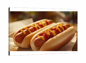 A pair of hot dogs topped with mustard and ketchup