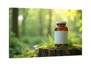 Pills in glass bottle with label on tree trunk in forest. Natural medicine concept. Herbal supplements, vitamins, organic remedy. Green forest background. Eco friendly health, therapy.